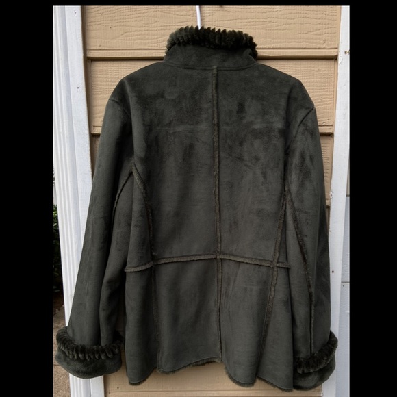 Liz Claiborne Faux Sued Green Faux Fur Coat Jacket - Picture 3 of 8